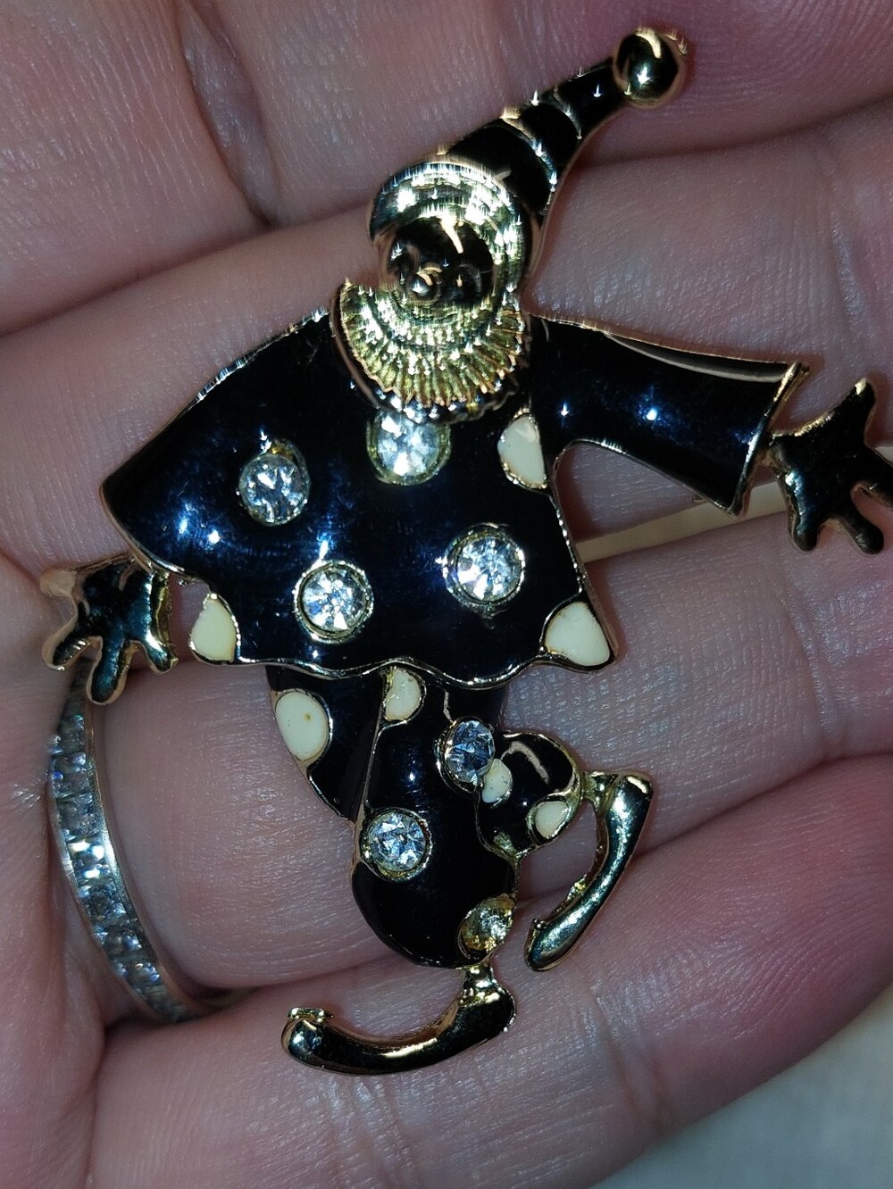 Black and Gold Harlequin Clown Pin Brooch with Crystal Accents Dancing